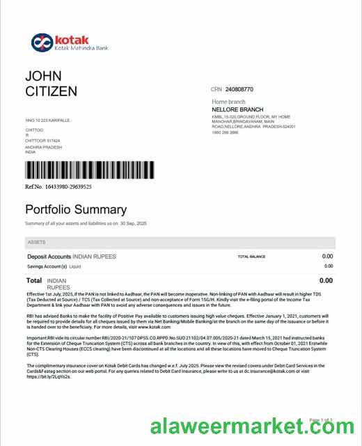 India Kotak Mahindra Bank account statement Word and PDF template
